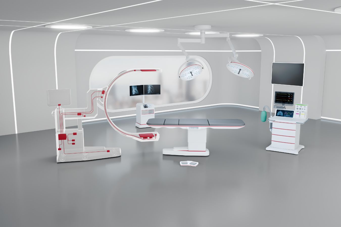 Futuristic OR with C-arm, OR table, ventilator, monitor, lights, foot switch